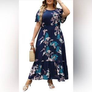 Nemidor  Boho Ditsy Floral Print Casual Layered Flared Maxi Dress with Pocket